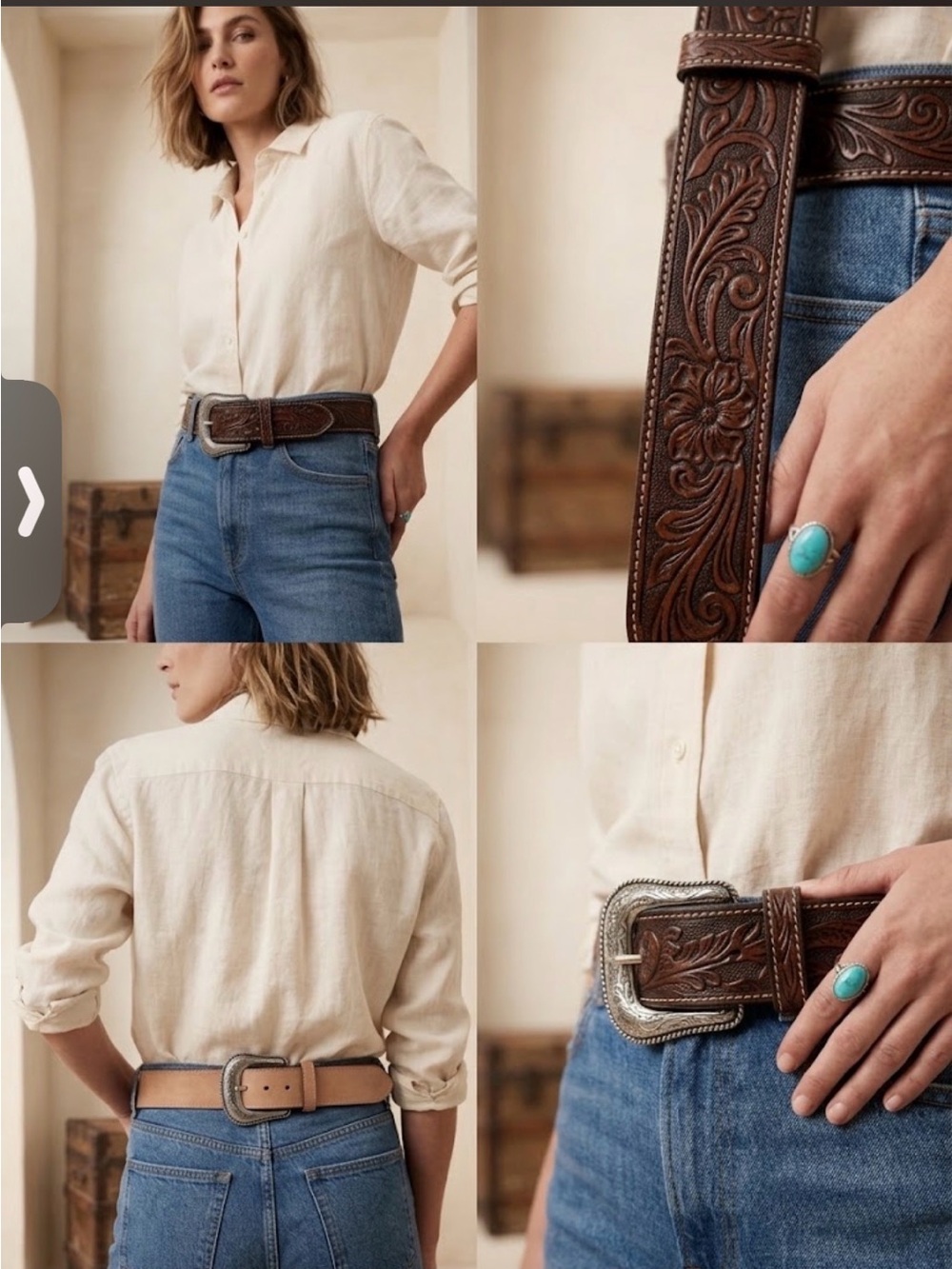 Embossed Brown Leather Western Belt with Silver Buckle